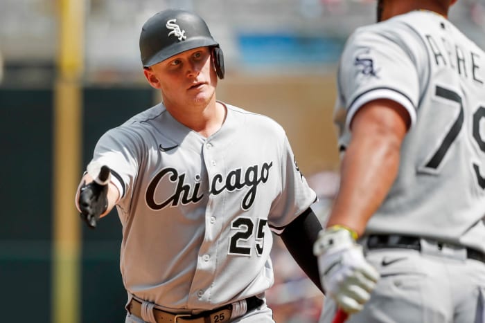 Jul 17, 2022; Minneapolis, Minnesota, USA; Chicago White Sox first baseman Andrew Vaughn (25) celebrates his solo home run against the Minnesota Twins in the seventh inning at Target Field.